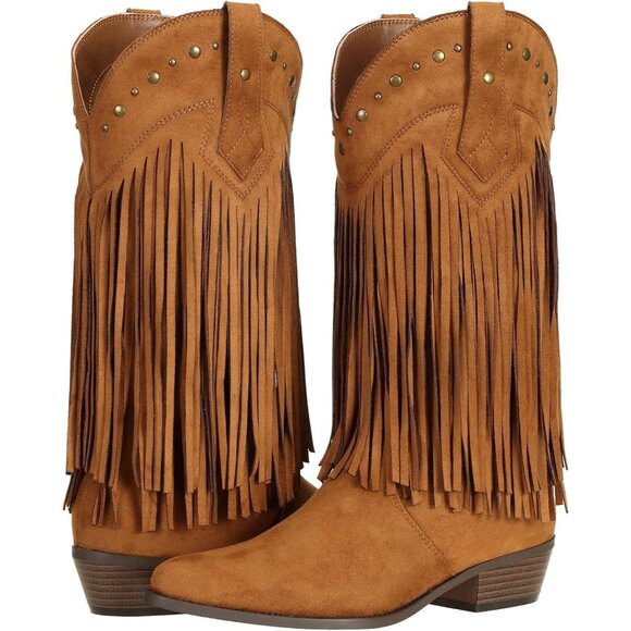 Women's Brown Cow Girl Block Heel Calf High Faux Suede Western Boots Shoes - Picture 8 of 9